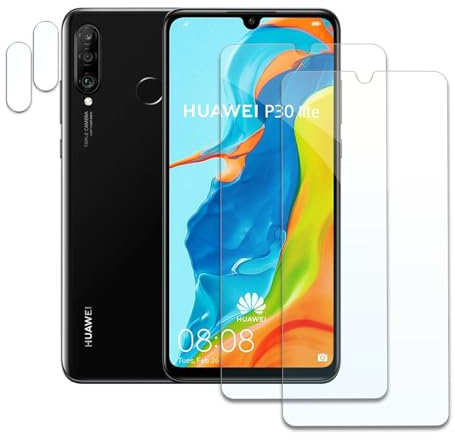 Protector de Pantalla para Huawei P30 Lite,2 Piezas Cristal Vidrio Templado y 2 Piezas Protector Camara, Dureza 9H, Ultra Transparente, Anti Arañazos, Sin Burbujas, Antihuellas
