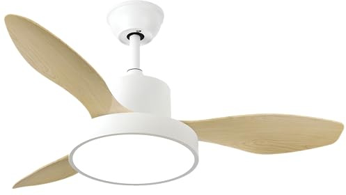 ABRILA - Ventilador DC HAYATE | Color Blanco con tres Aspas en Color Haya | con 6 Velocidades Ajustables | con 3 Temperaturas de Luz | Mando a Distancia Incluido