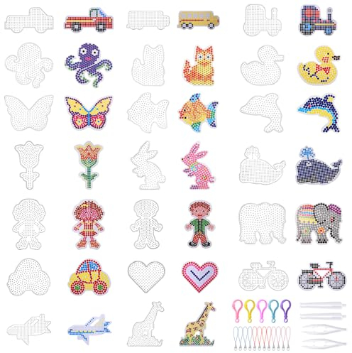 Zocipro 20 Pièces Plaque Perle a Repasser pour Perles, Support Perles à Repasser avec Modèles de Papier, Panneaux Perforés pour Perles, Modèles de Bricolage pour Enfants, Cadeaux, Garçons, Filles