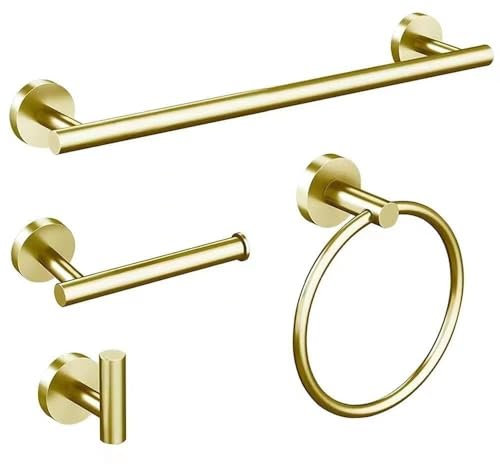 4 Pieces Bathroom Kit Accessories Restroom 24Inch Towel Bar Towel Ring Holder Toilet Paper Holder and Hook Set SUS 304 Stainless Steel Bathroom Hardware Set (Brushed Gold)