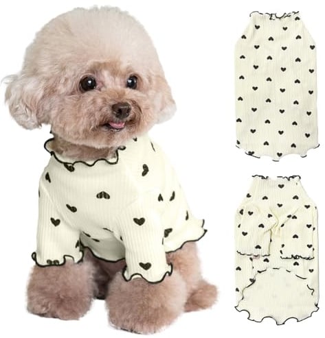 Yaopelky Pet Clothes for Small Dogs Cat Summer Fall Heart Print Shirt Stretchable Ruffle Long Sleeve Outfits for Chihuahua Schnauzer Shih Tzu Yorkie (Beige, S)