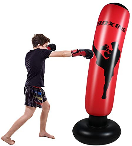 Schwerer Boxsack für Kinder Boxsack Standing Kickboxing Bag mit Stand Boxing Dummy aufblasbare Cool Fun Toys für Jungen Sport Geschenke Outdoor-Aktivitäten Yard Games (170CM Rot)