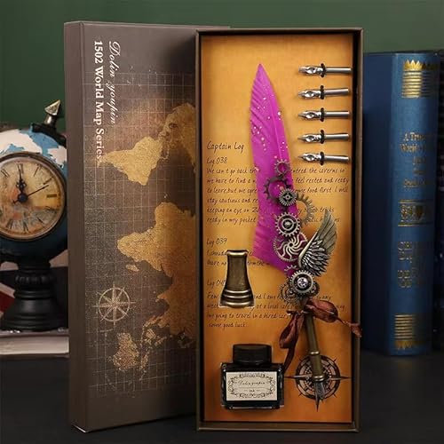 LSFCHYBY Quill Feather Pen and Ink Set,Calligraphy Set,Calligraphy Kits Include Antique Quill Feather Pen,5Nibs,1 Bottles Inks,Pen Holder for Beginners Birthday Gift