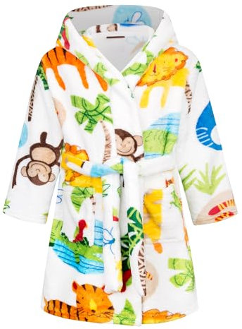 FILOWA Accappatoio con Cappuccio Bambini Ragazzo Flanella Vestaglia Doccia Caldo Pile Morbido Pigiama Lungo Spugna Indumenti da Notte Cartoon Stampa Accappatoio per Bambino 4-5 Anni, Bianco Zoo