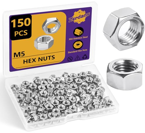 ZerDans- Sechskantmuttern Edelstahl M5 - (150 Stück) V2A DIN 934, hochwertige rostfreie Muttern für Schrauben & Unterlegscheiben & Gewindestangen
