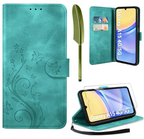 AROYI Lederhülle Kompatibel mit Samsung Galaxy A15 5G/4G Hülle und Schutzfolie, Flip Wallet Handyhülle PU Leder Case Kartensteckplätzen Schutzhülle Kompatibel mit Samsung Galaxy A15 Dunkel Grün
