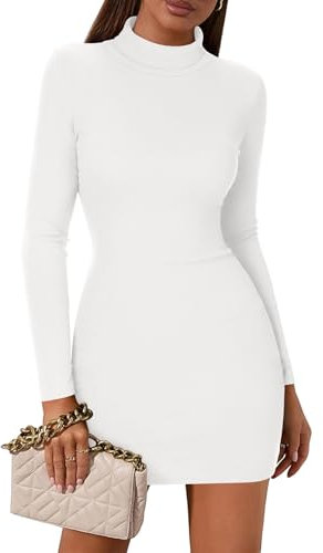 Zeagoo Bodycon Dresses for Women Elegant Turtle Neck Jumper Dresses Slim Fit Long Sleeve Dress Winter White S
