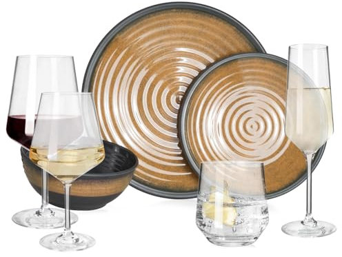 Melamin Camping Geschirr Set 4 Personen Stone Curry + 16 Milano Gläser Wassergläser Weingläser Champagner-Gläser Flûtes Tafelgeschirr Picknick BBQ Kochgeschirr