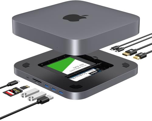 Mac Mini station d'accueil USB avec double enclosure SSD - Compatible avec SSD M.2 NVMe/SATA et SSD 2,5 pouces, USB-C 10 Gbps, lecteurs de cartes SD/TF, Mac Mini Hub pour Mac Mini M1/M2/Mac Studio