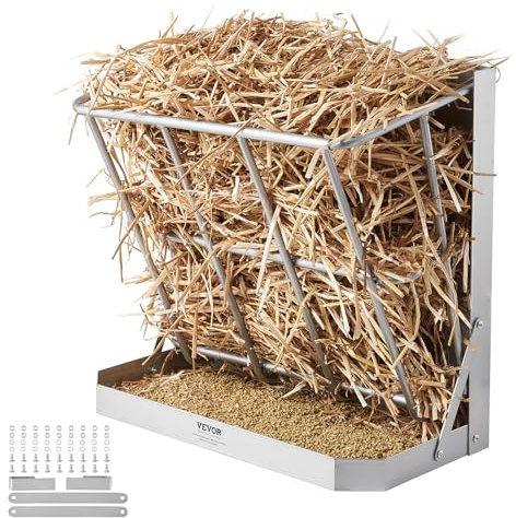 VEVOR Goat Hay Feeder, 21 Gallons Large Capacity, 2 in 1 Hay and Grain Feeder, Wall Mounted Livestock Feeder with Feed Tray, Multiple Sided Goat Hay Rack, Sturdy Steel Hay Rack for Sheep Horses