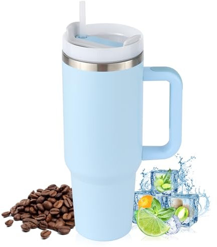 PRAOAHEI 40oz Thermobecher mit Strohhalm und Henkel,1180 ML Doppelwandiger Edelstahl Heiße Kalte Getränke Vakuum Trinkbecher, Kaffeebecher für Zuhause Reisen Hellblau