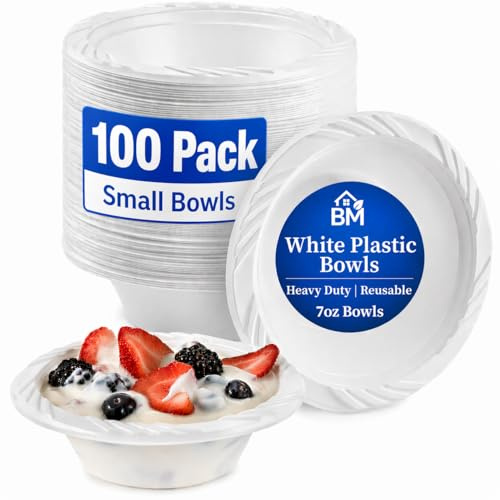 BLISSMART Reusable White Plastic Bowls 7oz 100 Pack Washable and Reusable Tableware Plastic Bowl for Dessert Heavy Duty Dinnerware for Parties, Camping, Birthday, Catering, BBQ