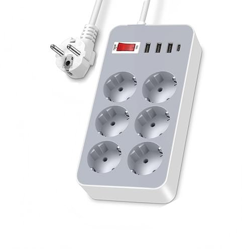 LELYFIT Parasurtenseur Multiprise, Multiprise 6 Prises avec Interrupteur,3 USB +1 Type C,avec Protection Contre Les Surcharges, Rallonge de 1.8m