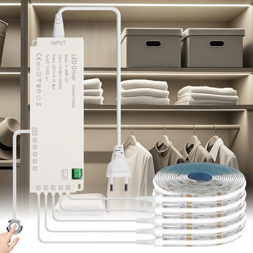 KSIBNW Tira de LED COB 1M, 6 Rollos 12V Blanco Frío 6000K Regulable Tira de Luz con Interruptor Táctil Luces LED Habitacion Adhesivas Recortable para Vitrina, Armario, Estanteria, Cocinas