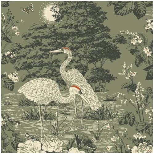 Izumi Oriental Cranes Wallpaper – Scenic Green with Cranes and Botanical Design – Paste the Paper – Ideal for Bedroom, Living Room, Dining Room, Hallway – 10m x 52cm Roll – Washable, Half Drop Match