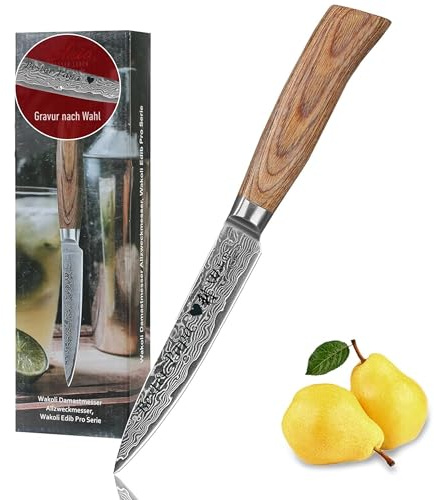 Wakoli EDIB Pro Premium Damast Allzweckmesser mit Gravur – Personalisiertes Messer, 12 cm Damastklinge (67 Lagen, VG10-Kern), Pakkaholzgriff, Geschenkbox, Profi Küchenmesser