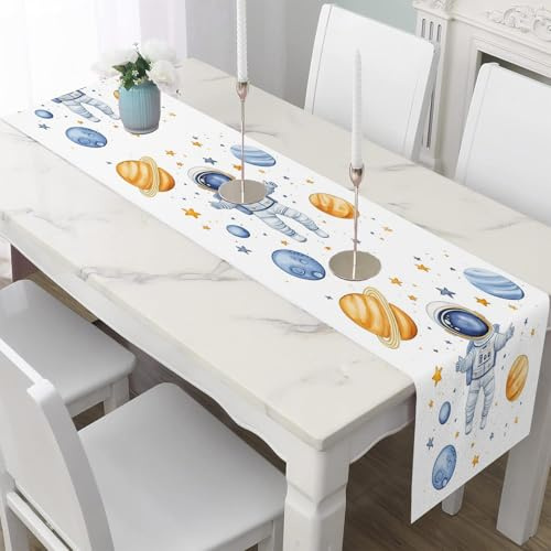 Tischläufer 30x240 cm Weltraum Astronaut Tischdeko für Kaffee & Wohnzimmer | Science Fiction Planet Läufer Kinder Universum Tischläufer Leinen Couchtisch Dekor