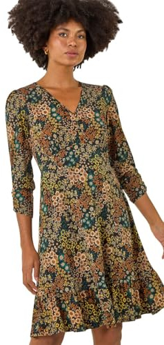 Roman Originals Tea Dress for Women UK Ladies Frill Hem Skater Wrap Jersey Stretchy Fit & Flare Flattering Knee Length Cocktail Party Occasion Holiday Going Out - Floral Teal - Size 20