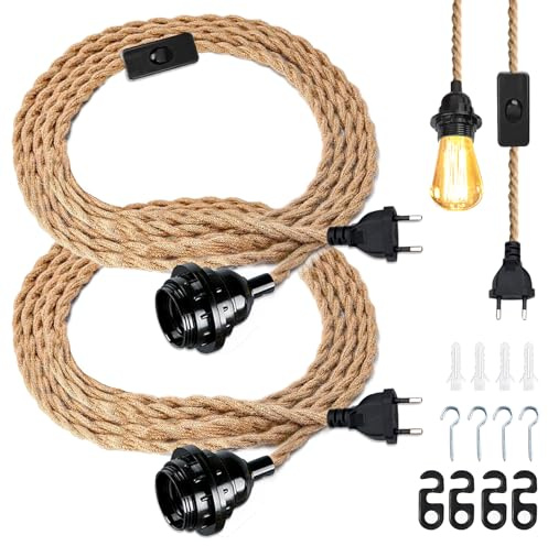 Hanfseil Pendellampe Kit - 2 Stück E27 Lampenfassung Pendelleuchte mit Stecker Schalten, Vintage Lampenkabel Hängende Leuchte 4.5M, DIY Einzelkopf Hängeleuchte Kabel Seil für Haus Küche Cafe Balkon