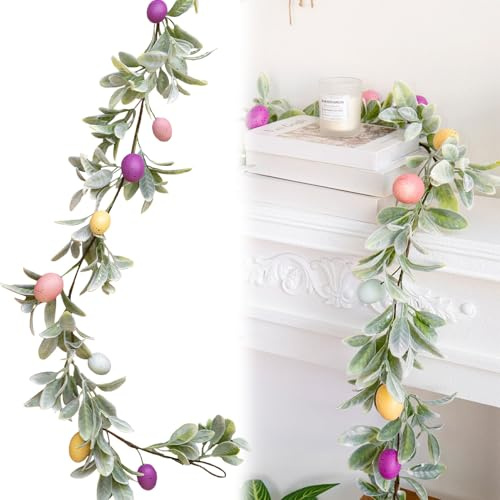 Osterdeko Eukalyptus Girlande mit Ostereier, Künstliche Ostergirlande Frühlingsdeko Girlande, Ostern Deko Grün Tannengirlande für Feiertags Frühling Hochzeit Wand Zuhause Tisch Fenster Tür (B)