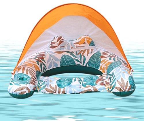 Bouée Gonflable Adulte avec Pare-Soleil, Matelas de Piscine Protection SPF50+, Chaise Longue Flottante Ergonomique en PVC Pliable pour Vacances Plage, Lac et Voyage d'Été