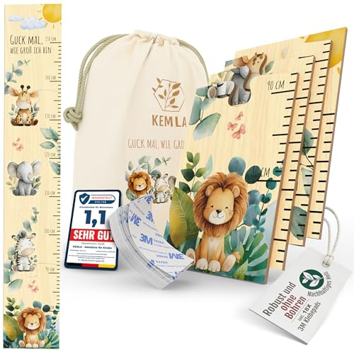 KEMLA Messlatte Kinder Holz 80-150 cm – Kinderzimmer Deko Mädchen & Jungen | Babyzimmer Deko | Geschenk für junge Eltern & Taufgeschenk | Naturholz | ohne Bohren mit 3M Klebepads | inkl. Stoffbeutel