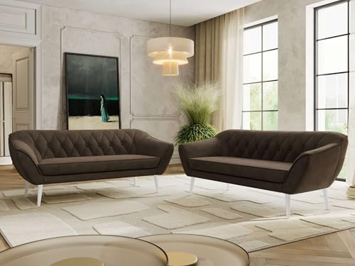MKS MEBLE Sofagarnitur PIRS 3 + 3 - Couchgarnitur im skandinavischen Design, Gesteppte Polsterung, Wellenfederung, Wohnzimmer Sofa Set - Weiße Beine, Braun Velvet
