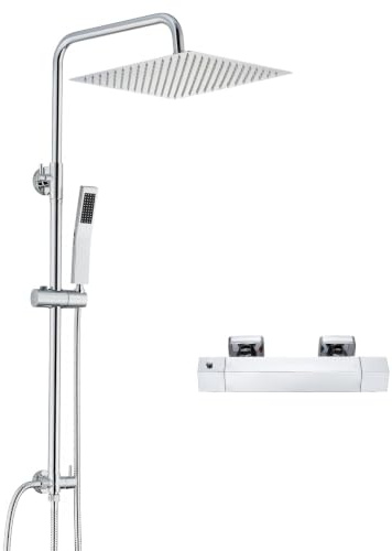 Auralum Duschsystem Komplettset mit Thermostat, Duscharmatur mit 25cm Edelstahl Regendusche eckig, Handbrause, Thermostat und Höhenverstellbarer Duschstange, Duschgarnitur, Duschset Chrom