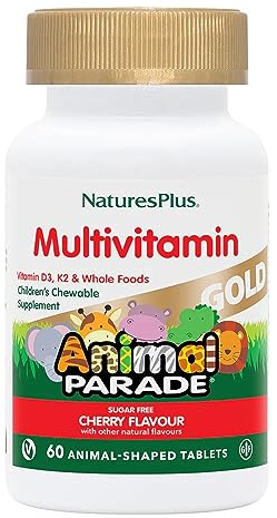 NaturesPlus Animal Parade Gold Kids' Multivitamin Natural Cherry Flavour - Chewable Vitamins, Superfoods and Probiotics - Vegan, Gluten Free - 60 Animal Shaped Chewable Tablets