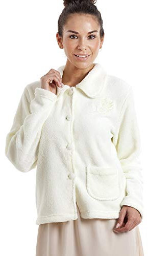 Camille Womens Supersoft Fleece Bed Jacket - Luxury Collared Warm Sleep Top - Button up & Long Sleeved Ivory 18-20