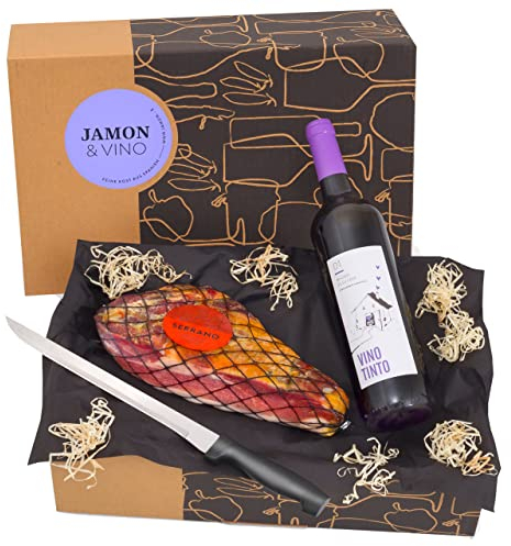 Delikatessen-Präsentkorb Jamón & Vino mit Serrano-Schinken & Rotwein aus Spanien - Inklusive Schinkenmesser - Geschenkfertig verpackt in der spanischen Geschenk-Box - von jamon.de