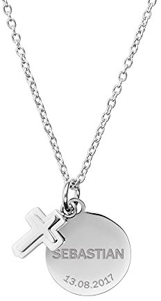 Gravado Mondgold Kette aus Edelstahl mit 2 Anhängern, Kreis und Kreuz, Personalisiert mit Namen, Karabinerverschluss, Mädchen Schmuck, Länge 50 cm