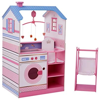 Olivia's Little World Classic Doll House Baby Doll Changing Station with Crib, High Chair, Sink, Washing Machine and Separate Swing for dolls up to 18-in., Multi