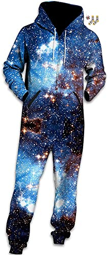 Morbuy Herren Jumpsuit Jogger, Blau Sternenhimmel Drucken Kapuzenpullover Strampelanzug 3D Printed Onepiece Sweatshirt Männer Strampler Weich Nachtwäsche Overall Trainingsanzug (XL, Blauer Stern)