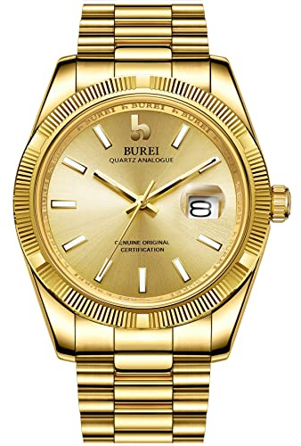 BUREI Luxus Herrenuhr Analog Quarzuhr Datumsanzeige mit Saphirglas Leuchtend und Edelstahlarmband (Gold)