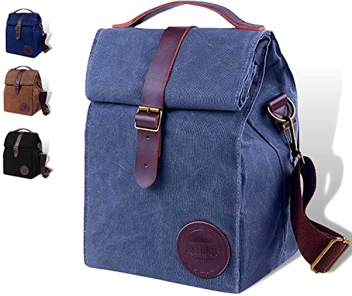 ASEBBO Isolierte Gewachste Leinen-Lunch Tasche 10 L Lunchbox für Damen, Herren mit echtem Ledergriff und starkem Schnallenverschluss (Dunkelgrau)