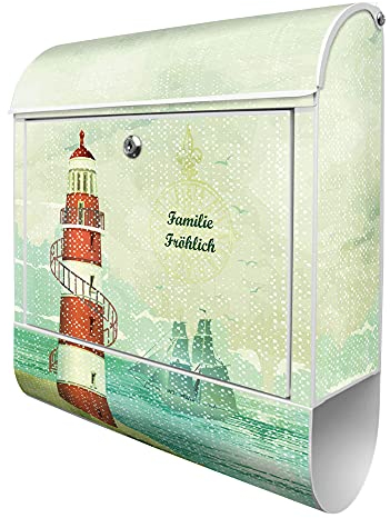 banjado® Design Briefkasten personalisiert mit Alter Leuchtturm 38,5x46,5x13cm & 2 Schlüssel - Briefkasten Stahl weiß mit Zeitungsfach pulverbeschichtet - Postkasten A4 Einwurf inkl. Montagematerial
