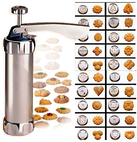 DIXIUZA Stainless Steel Cookie Press Kit, 20 Moulds+ 4 Nozzles Biscuit Maker Cookie Making Mold Cookie Dough Gun Machine Cake Decorating Tips Tool