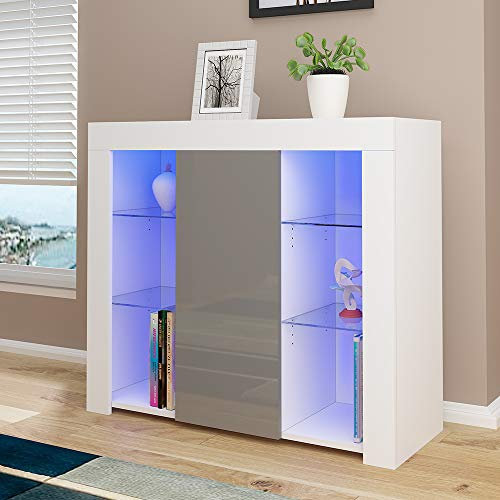 Panana High Gloss Sideboard Cupboard with LED Lights and 4 Glass Shelves Display Cabinet Storage Unit for Living Room Bedroom (Grey Brown)