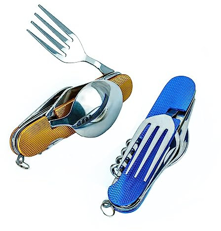 6-in-1 Multi-Function Camping Flatware Utensil Folding Knife Cutlery Detachable Pocket Kits with Carrying Pouch (Gold + Blue)