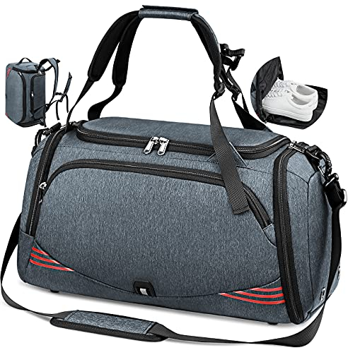 NEWHEY Sporttasche Reisetasche mit Schuhfach Groß 40L 65L Trainingstasche Gym Fitness Sport Tasche mit Rucksack-Funktion Handgepäck Weekender Bag Herren Damen - Grau-Blau