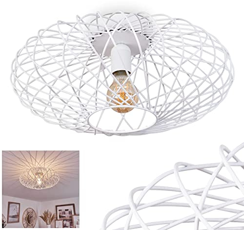 HOFSTEIN Deckenleuchte Wemude, runde Deckenlampe aus Metall in Weiß, 1-flammig E27-Fassung, Lichteffekt Gitter-Optik, Moderne Vintage Lampe Wohnzimmer Schlafzimmer, Ø 40 cm, Retro Gitterleuchte