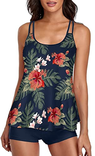 Stylish Swim Suits for Women Slimming Tankini Set Adjustable Straps 2 Piece Swimwear Tropical Hawaii Beach Pool Party Photoshoot Flattering Hides Belly Perfect for Vacation Tropical Navy XL