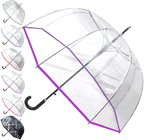 COLLAR AND CUFFS LONDON SELTENE Automatik Regenschirm Transparent Sturmfest - Stockschirm Durchsichtig Windfest - SEHR STARK - Verstärkt mit Fiberglas - Damen Herren - Einfassband - Violett