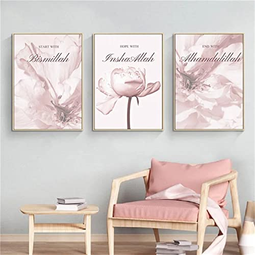 TROYSINC Lot de 3 posters - Impression sur toile islamique - Fleurs roses - Tableaux muraux - Modernes - Sans cadre - Décoration murale pour salon - 50 x 70 cm