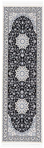 carpetfine Orientteppich Nain Diane Blau 75x200 cm Läufer | Tradtioneller Teppich für Schlaf- und Wohnzimmer