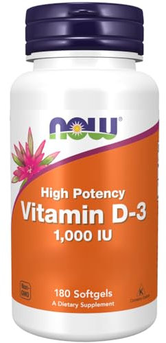Now Foods, Vitamina D3, 1.000IU, Colecalciferol, Dosis Alta, 180 Cápsulas blandas, Probadas en Laboratorio, Sin Soja, Sin Gluten, No GMO