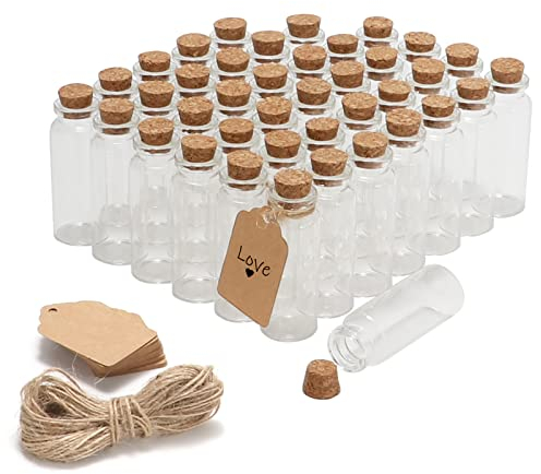 Lot de 50 mini bouteilles en verre de 20 ml avec bouchons en liège, décoration à faire soimême, mini fioles en liège, bouteilles à vœux avec étiquettes et ficelle pour loisirs créatifs, décoration,