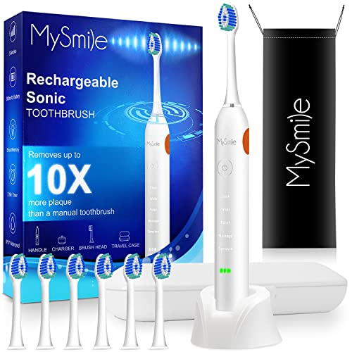 MySmile Electric Toothbrush for Adults, Rechargeable Sonic Electronic Toothbrush with 6 Brush Heads and Travel Case, 5 Modes 2 Mins Smart Timer, 48000VPM 10X Powerful