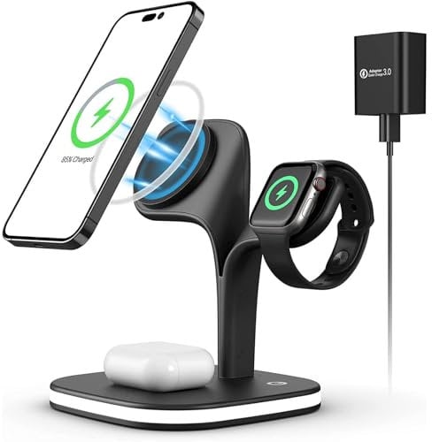 Magnetic Wireless Charger,3 in 1 Magsafe Wireless Charging Station Compatible with iPhone 15/14/13/12/Pro/Pro Max/Mini, Apple Watch 8/7/6/SE/5/4/3/2 Series, AirPods Pro/3/2 (Black)